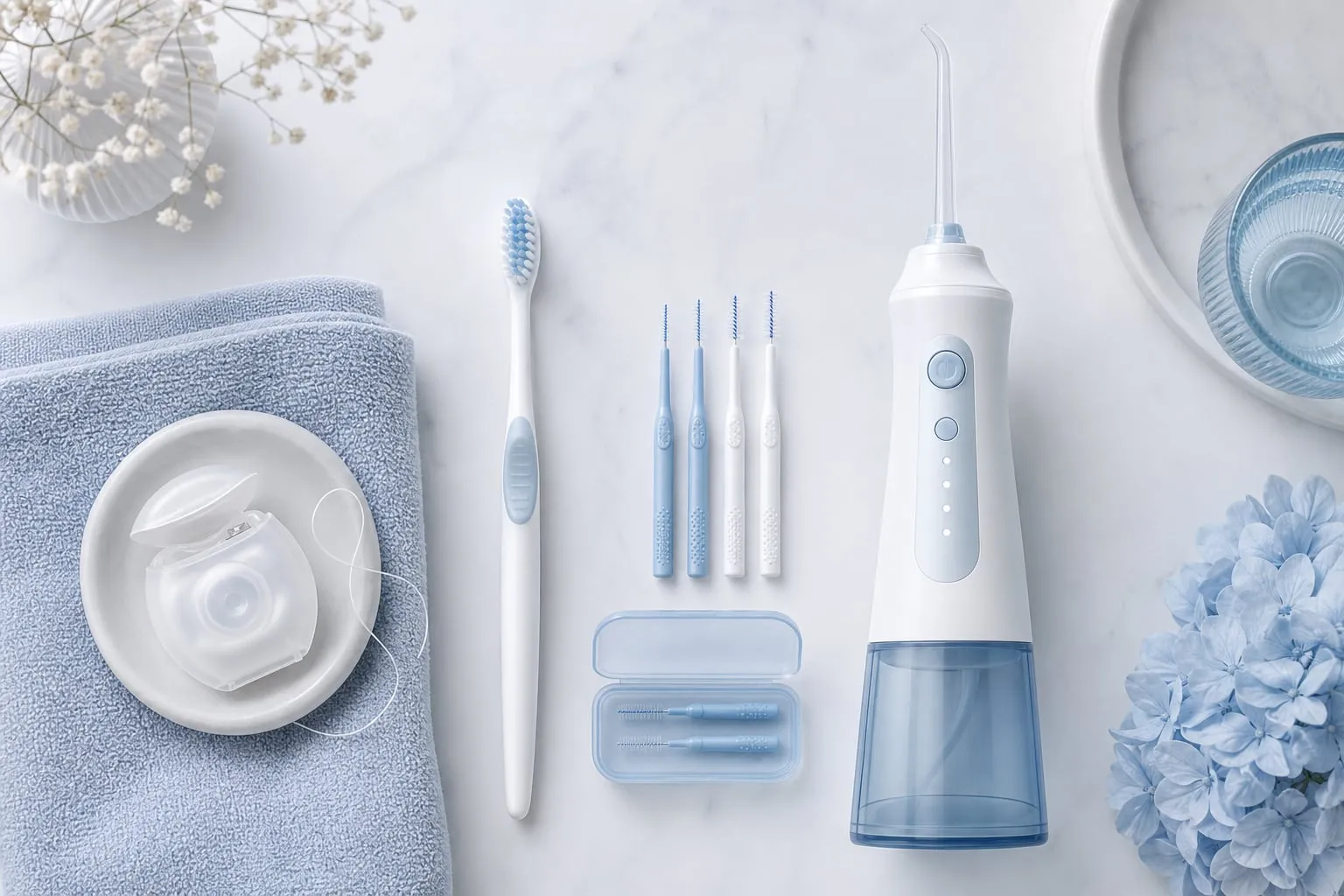 A flat lay of a toothbrush, floss, and a water flosser for implant care