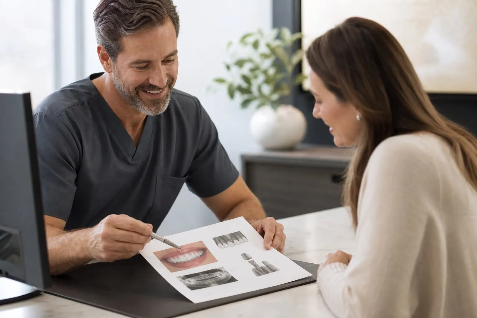 A dentist and patient reviewing a treatment estimate together
