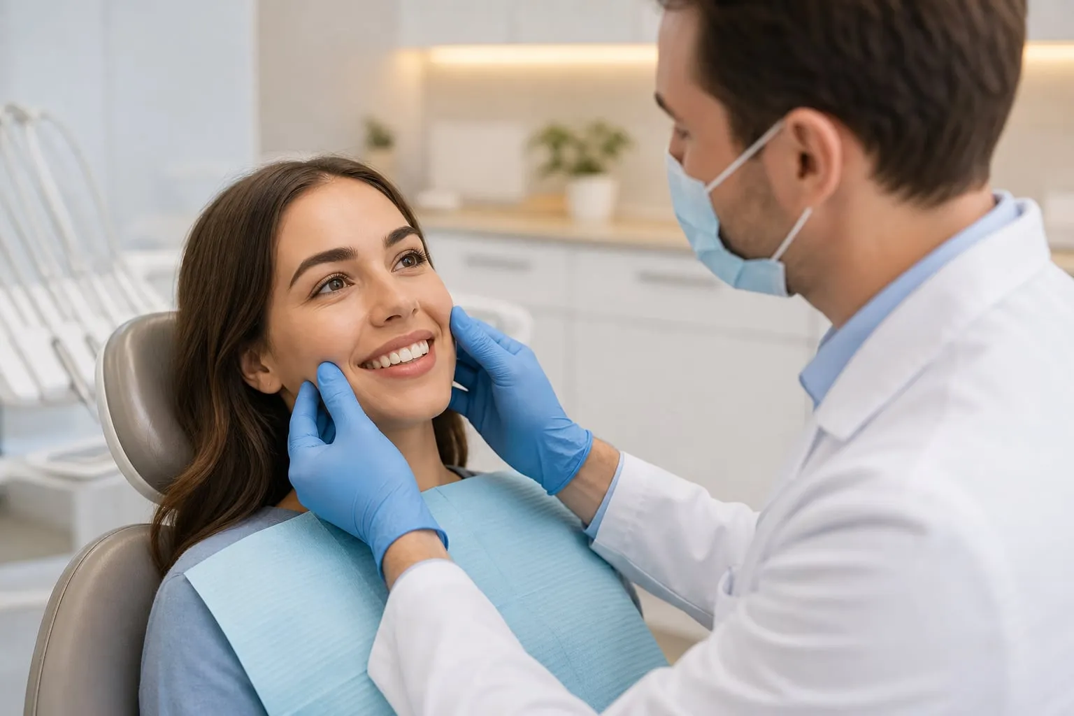 A dentist gently examining a patient's smile
