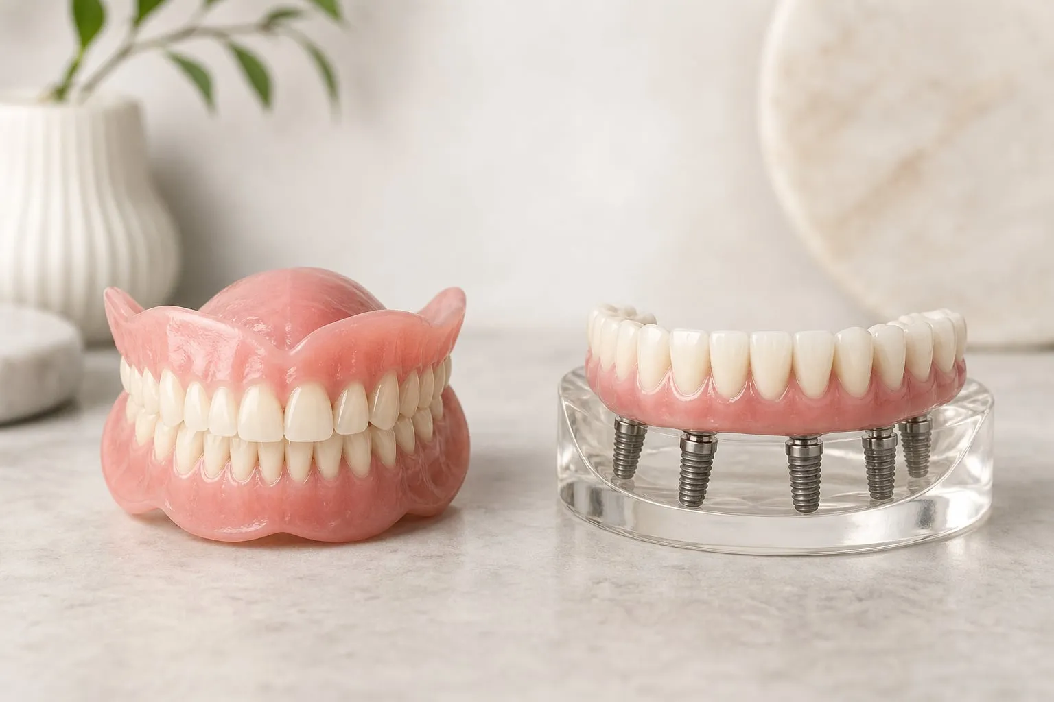 A removable denture beside a fixed full-arch implant prosthesis