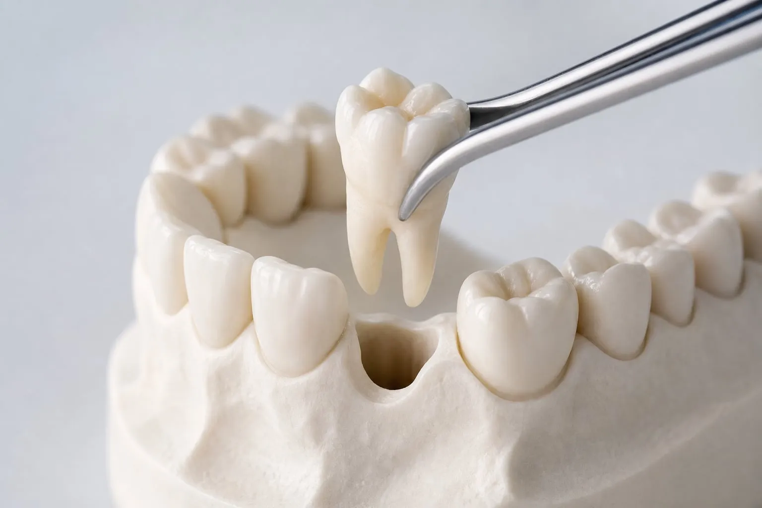 A dental model showing a tooth being removed
