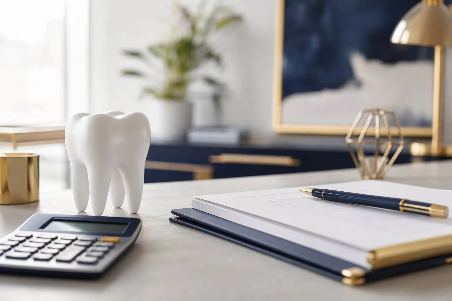 A dental tooth model beside a calculator and paperwork, illustrating dental implant costs