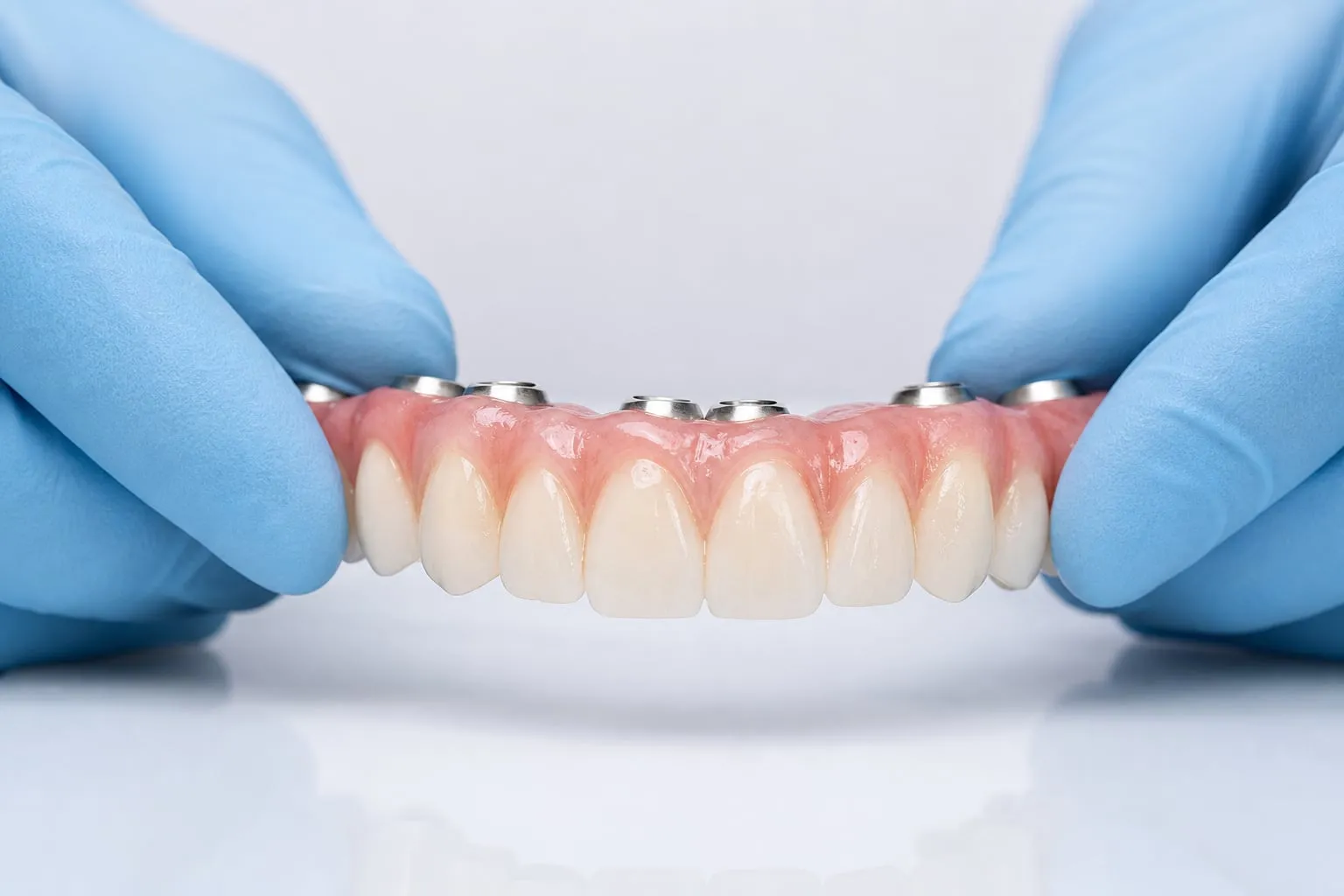 A full-arch fixed dental prosthesis held in gloved hands