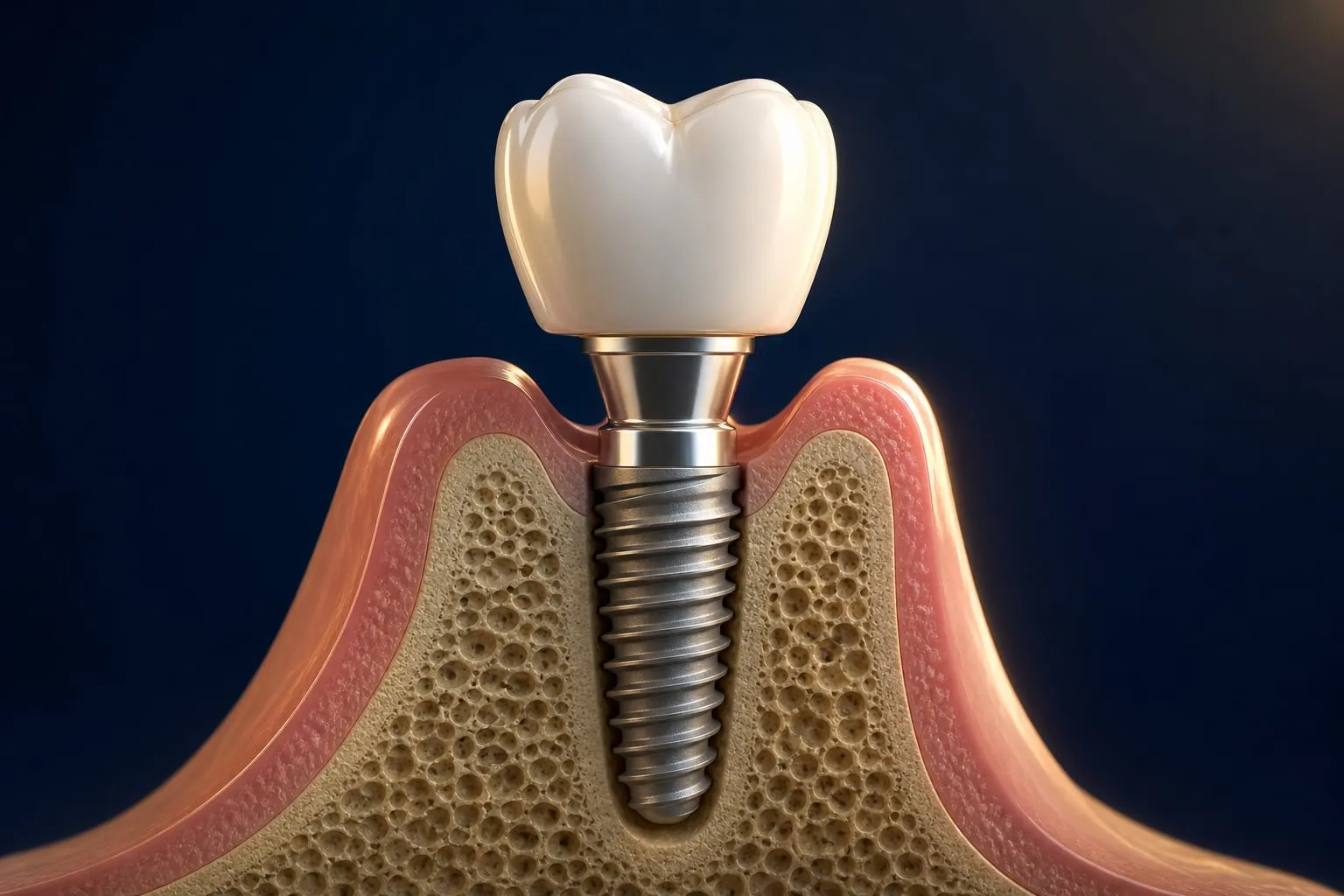 A 3D illustration of a single dental implant with an abutment and crown