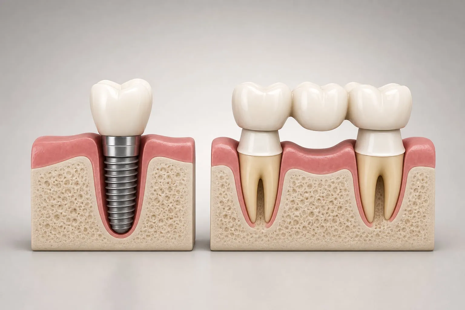 A 3D comparison of a single dental implant and a dental bridge