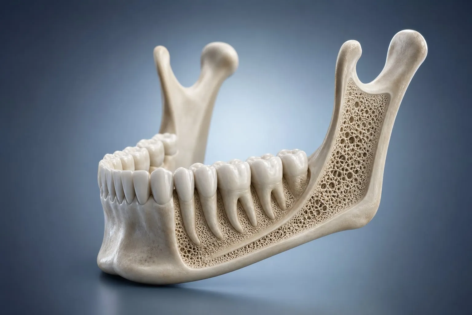 A 3D rendering of a lower jawbone showing bone structure and density