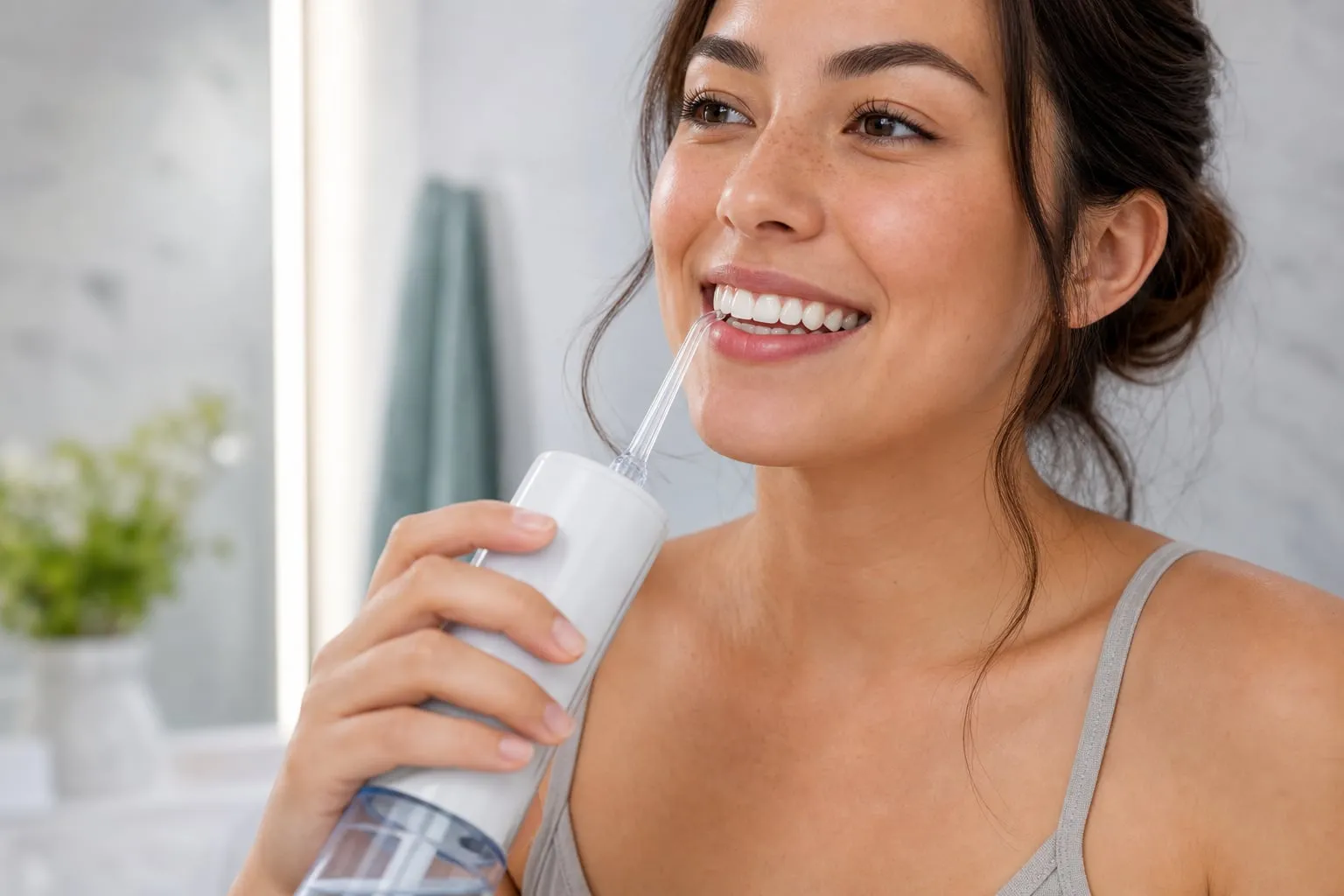 A person using a water flosser for oral care