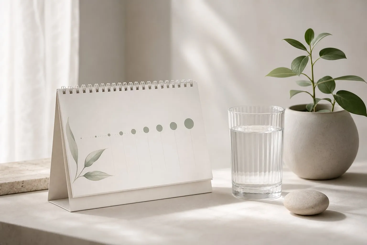 A calm still life with a calendar and water representing a gentle healing timeline