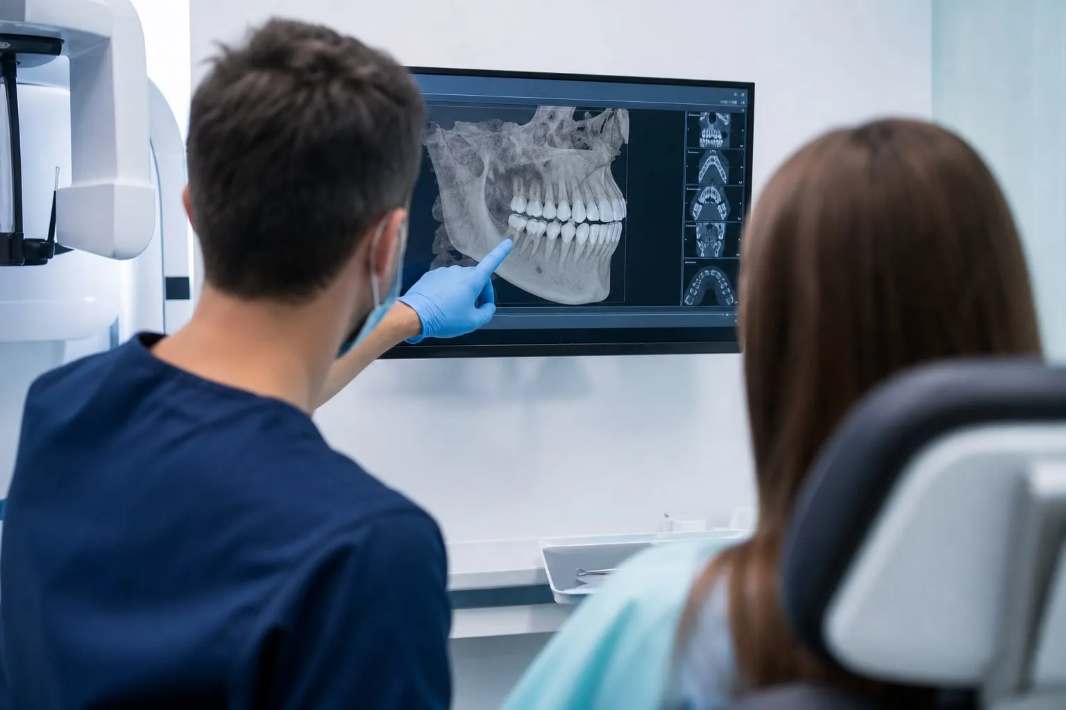 A dentist reviewing a 3D dental scan on a monitor during a consultation