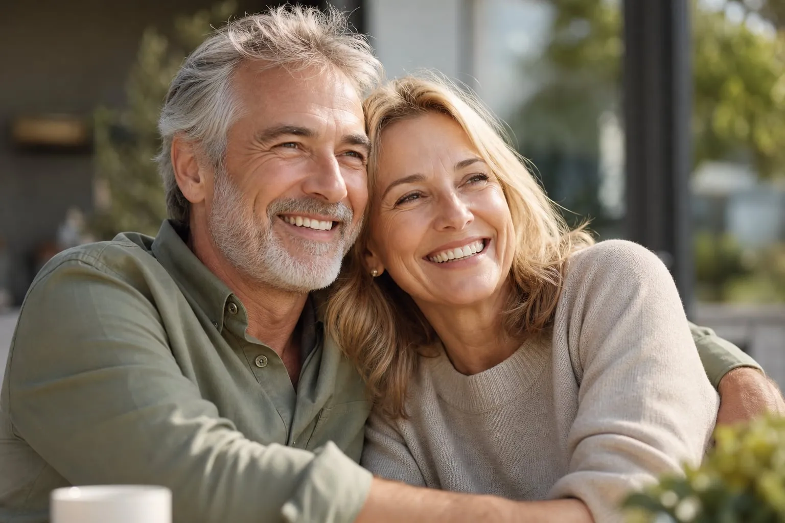 A happy older couple smiling together outdoors