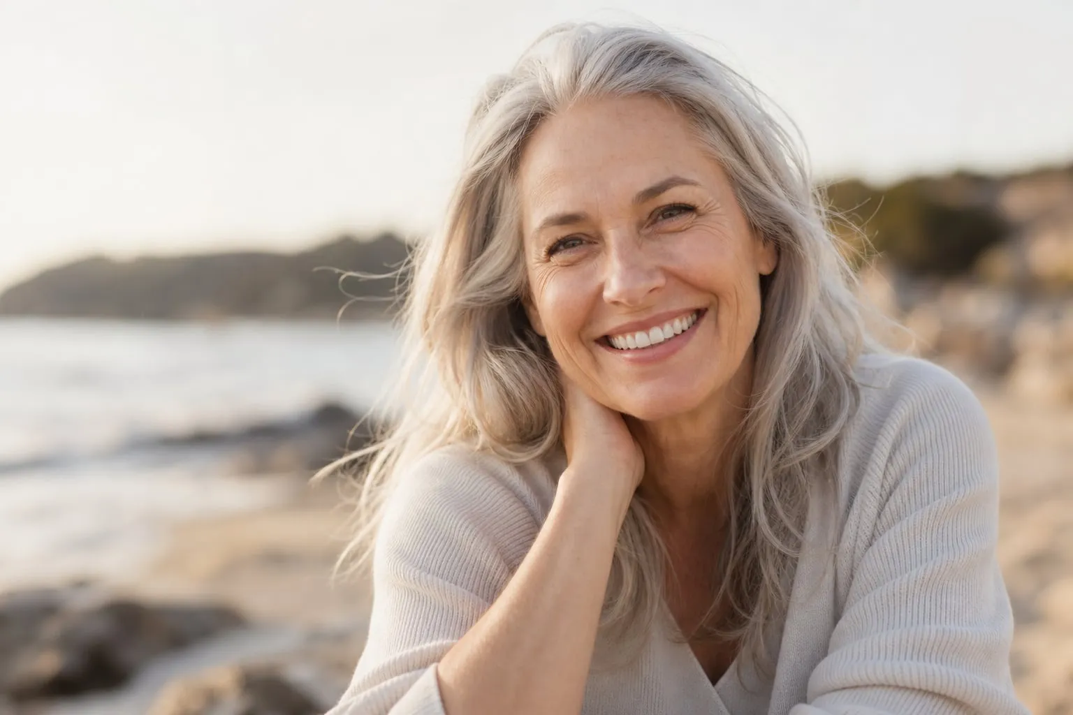 A happy older adult smiling outdoors in soft daylight