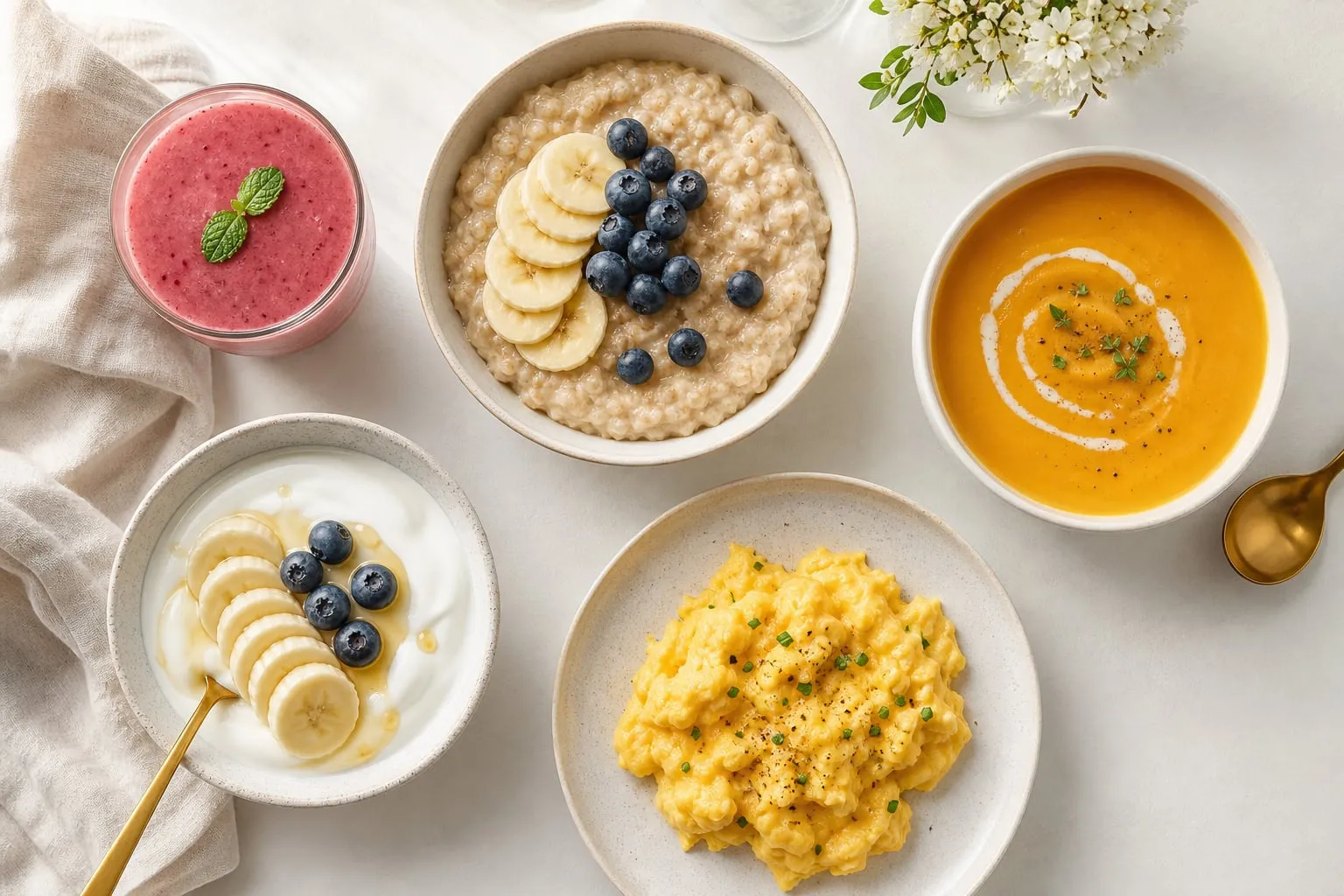 A flat lay of soft, nutritious foods suitable for dental implant recovery