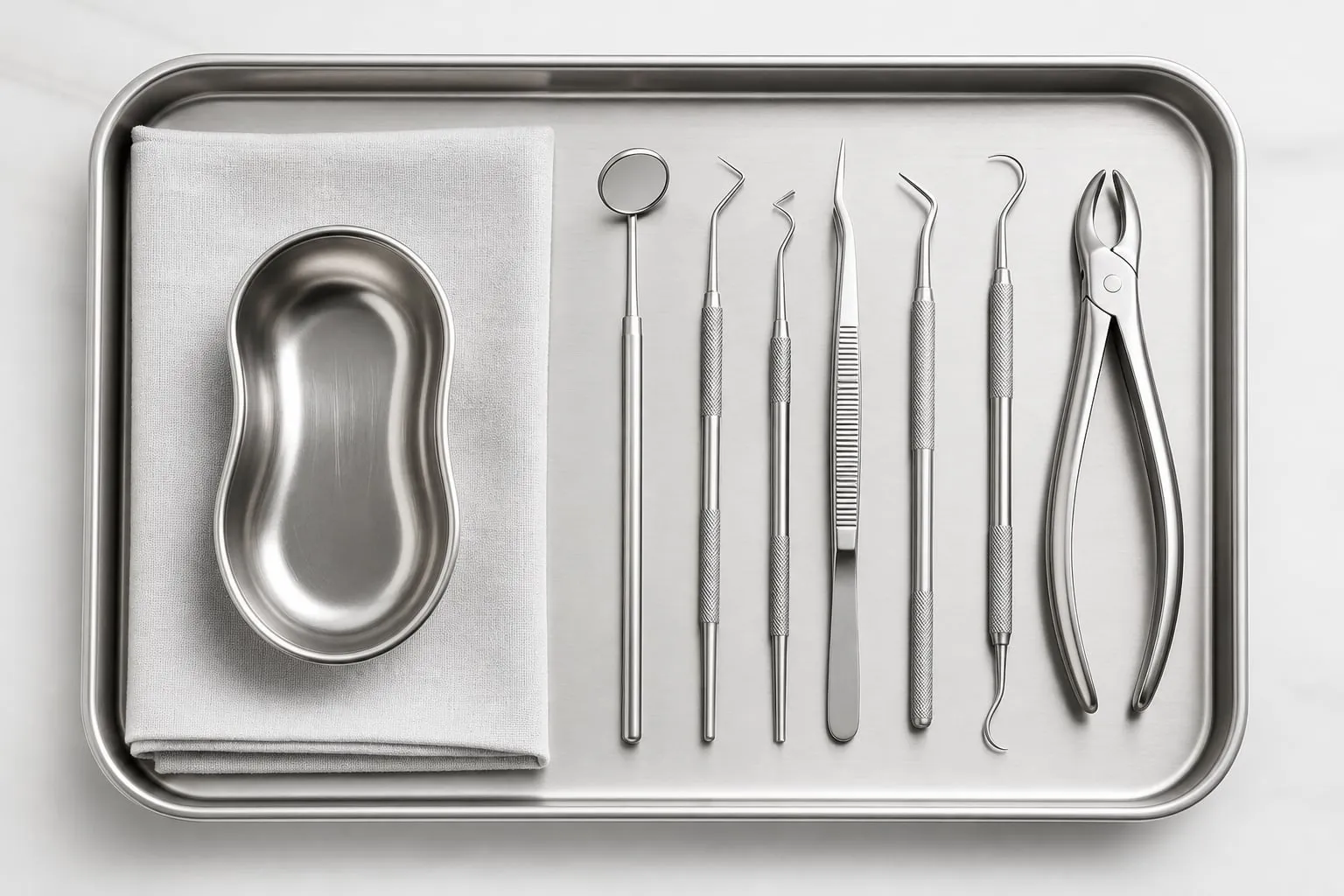 Clean dental instruments neatly arranged on a sterile tray