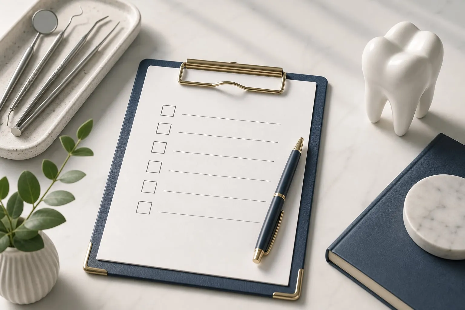 A clipboard checklist representing a dental treatment plan
