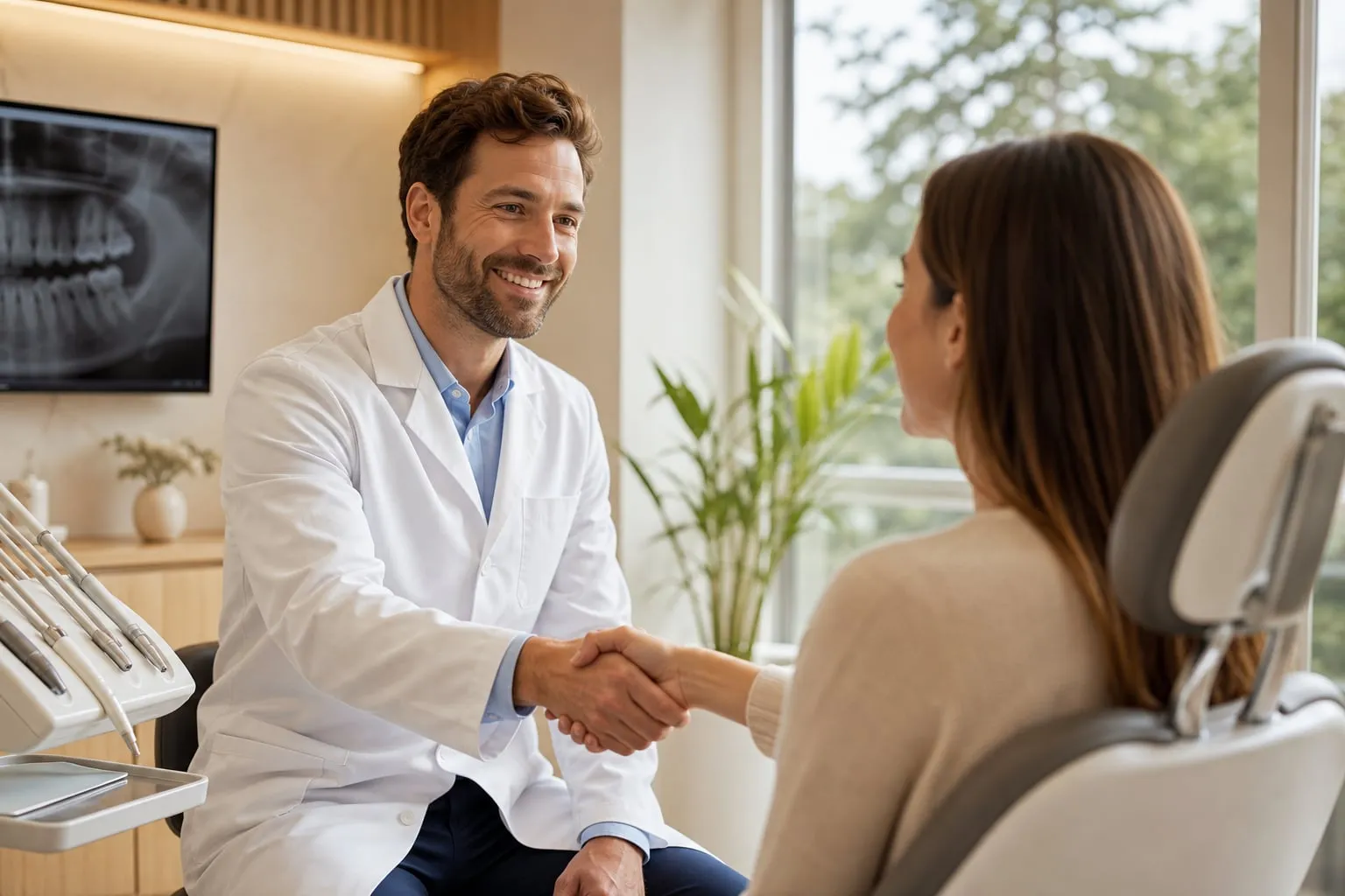 A friendly dentist welcoming a patient in a bright consultation room