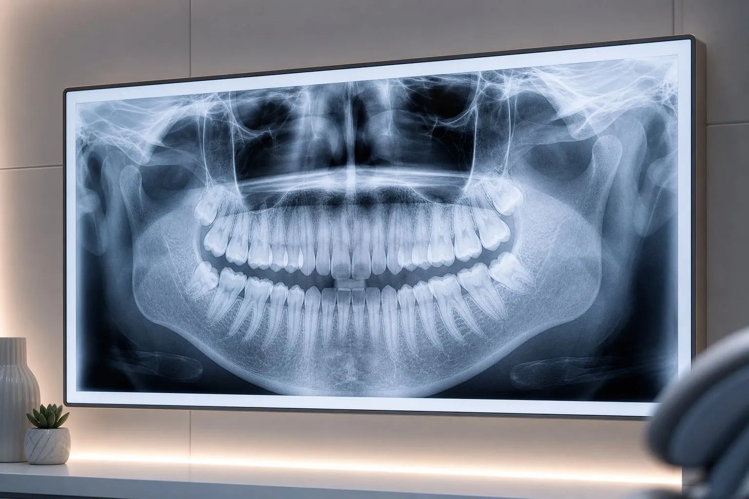 A dental panoramic X-ray displayed on a screen